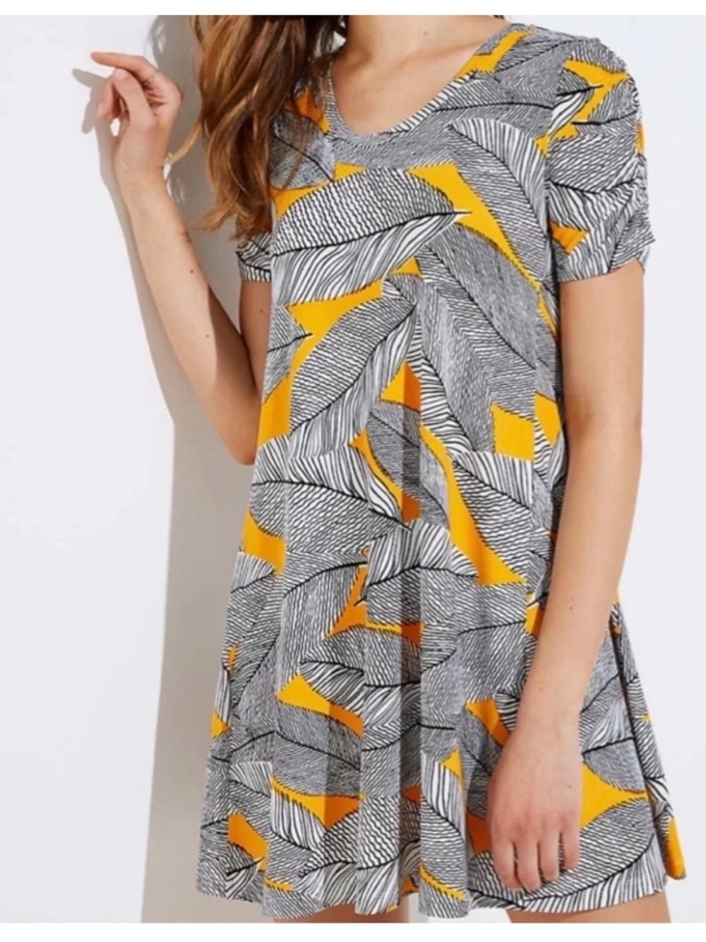 LOFT Short Sleeve Midi Dress in Yellow and Black Leaf Print